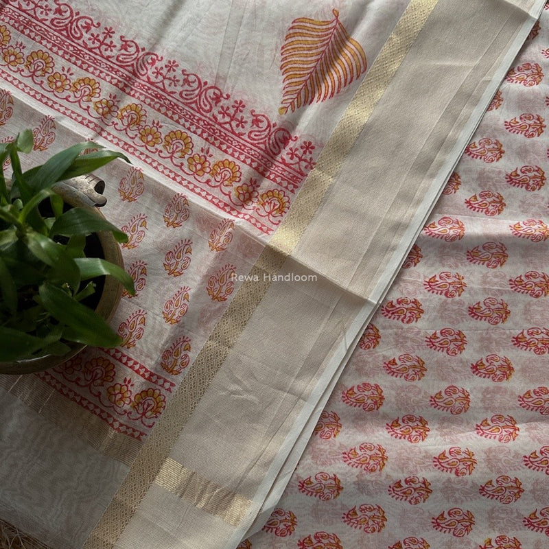 Maheshwari White Handblock Print Top-Dupatta HBS0179