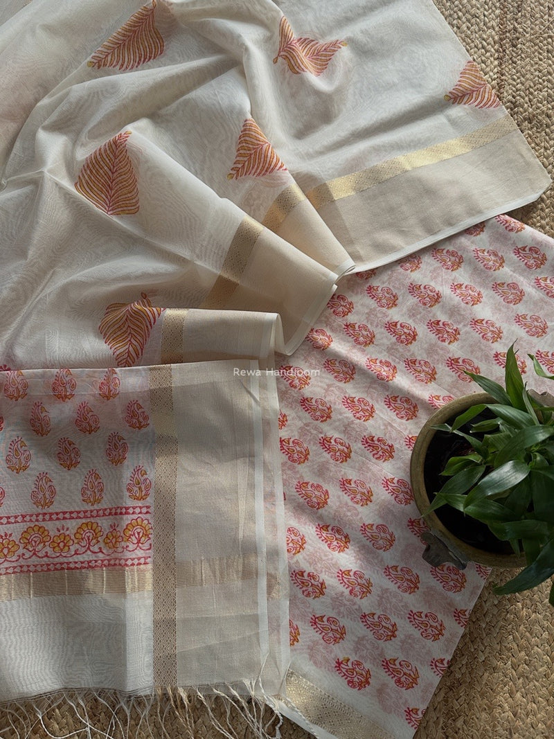 Maheshwari White Handblock Print Top-Dupatta HBS0179