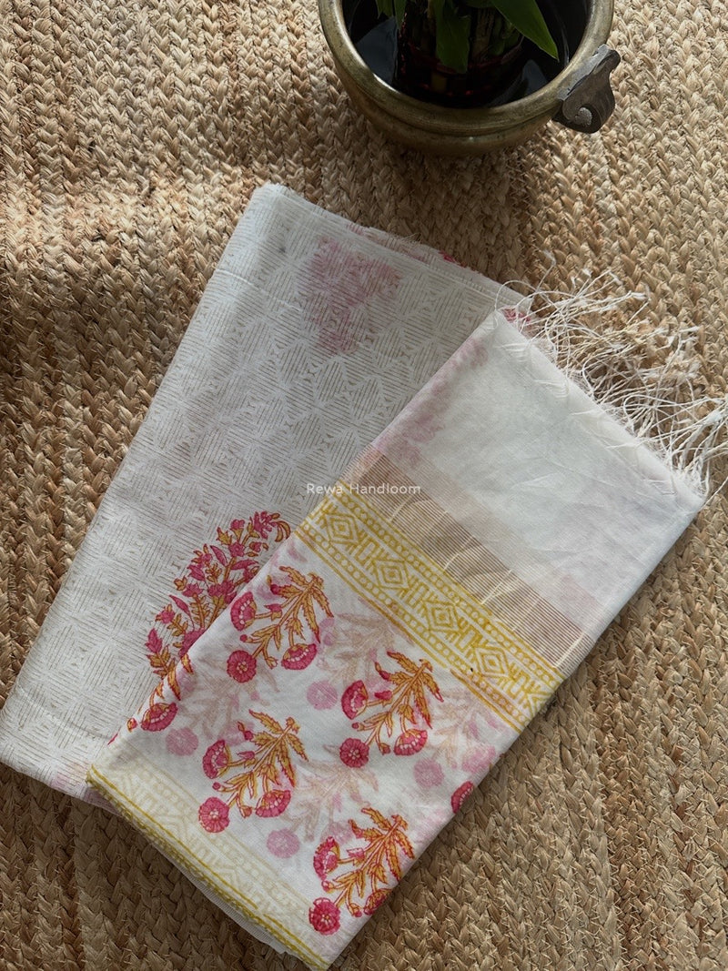 Maheshwari White Handblock Print Top-Dupatta HBS0180