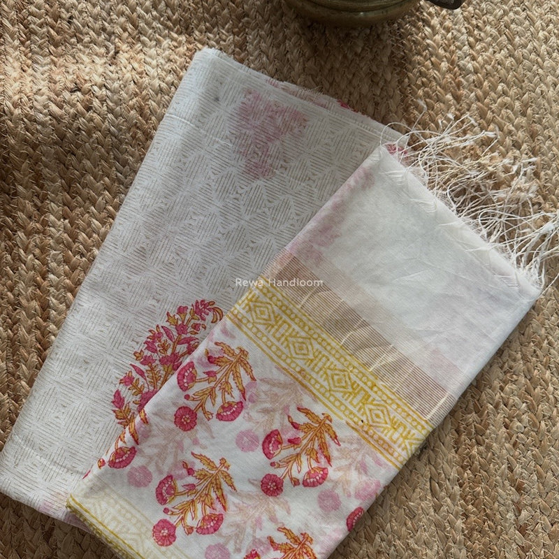 Maheshwari White Handblock Print Top-Dupatta HBS0180