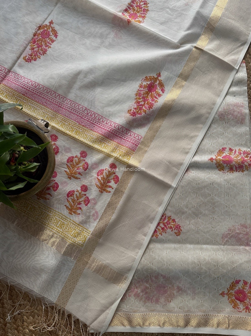 Maheshwari White Handblock Print Top-Dupatta HBS0180