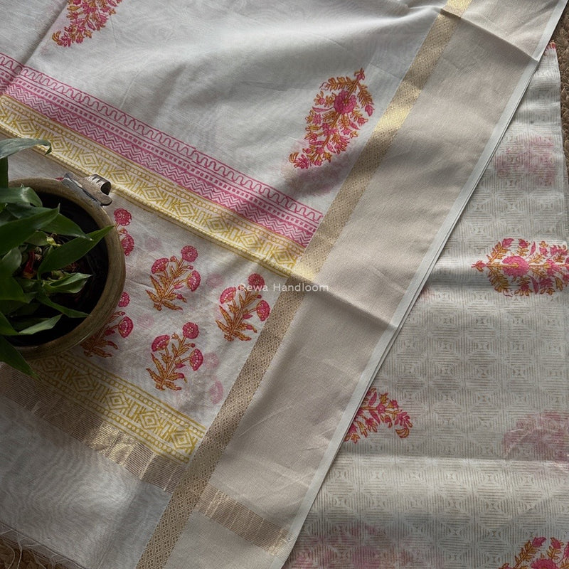 Maheshwari White Handblock Print Top-Dupatta HBS0180