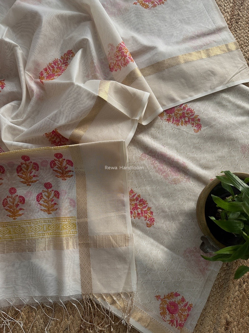 Maheshwari White Handblock Print Top-Dupatta HBS0180