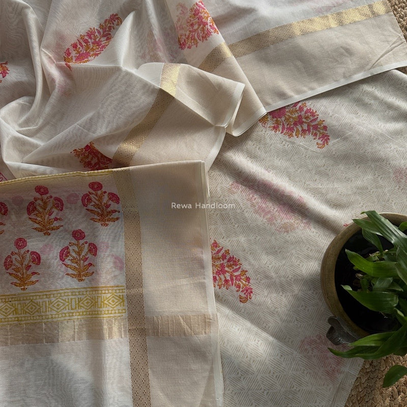 Maheshwari White Handblock Print Top-Dupatta HBS0180