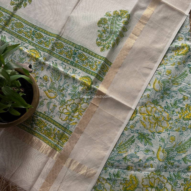 Maheshwari White Handblock Print Top-Dupatta HBS0181