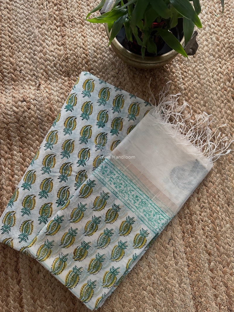 Maheshwari White Handblock Print Top-Dupatta HBS0182