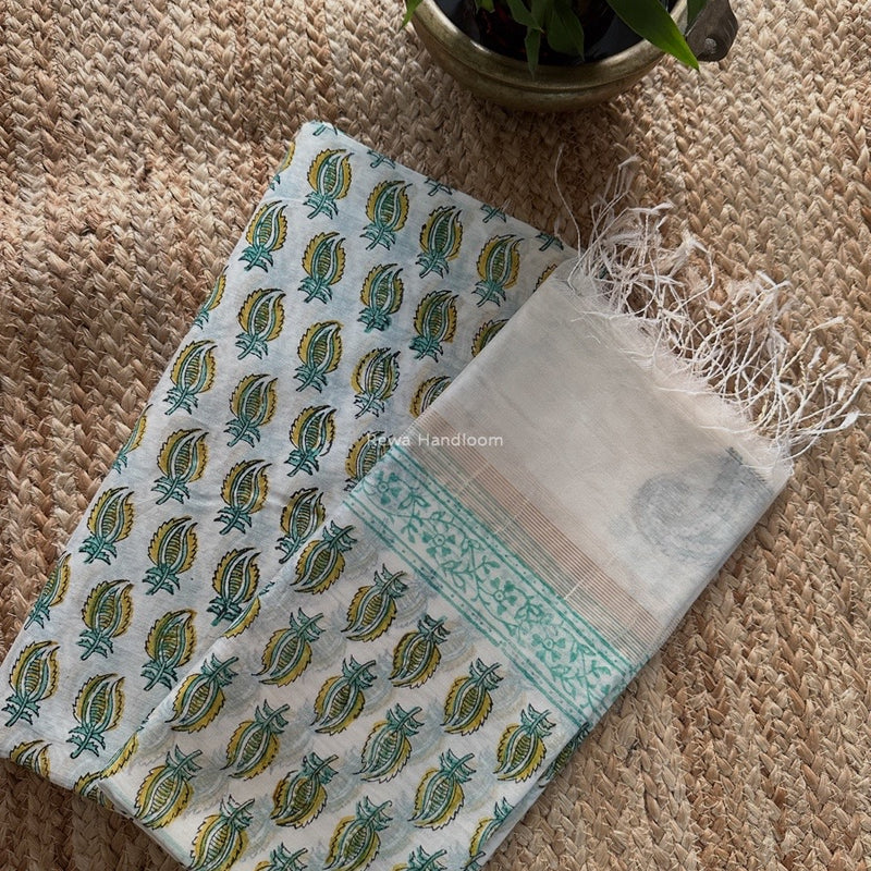 Maheshwari White Handblock Print Top-Dupatta HBS0182