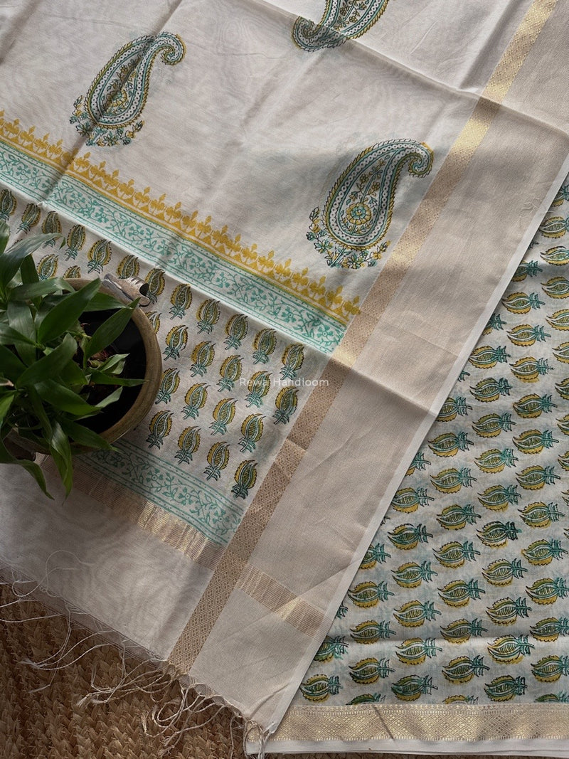 Maheshwari White Handblock Print Top-Dupatta HBS0182