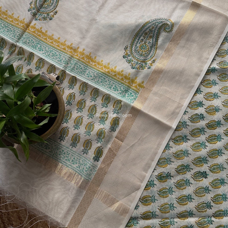 Maheshwari White Handblock Print Top-Dupatta HBS0182