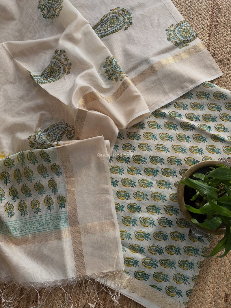 Maheshwari White Handblock Print Top-Dupatta HBS0182