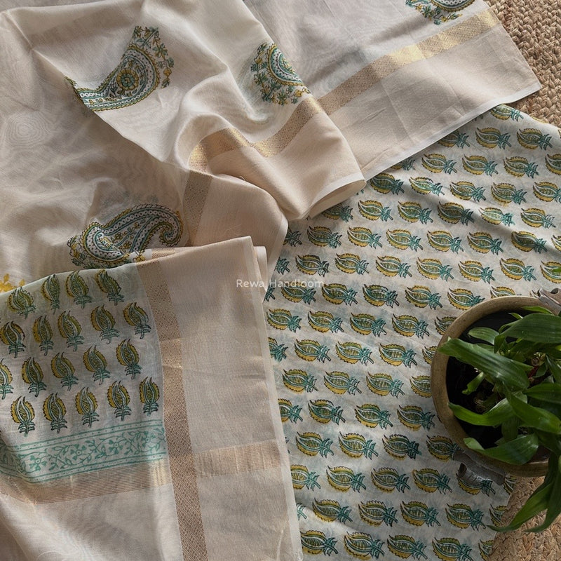 Maheshwari White Handblock Print Top-Dupatta HBS0182