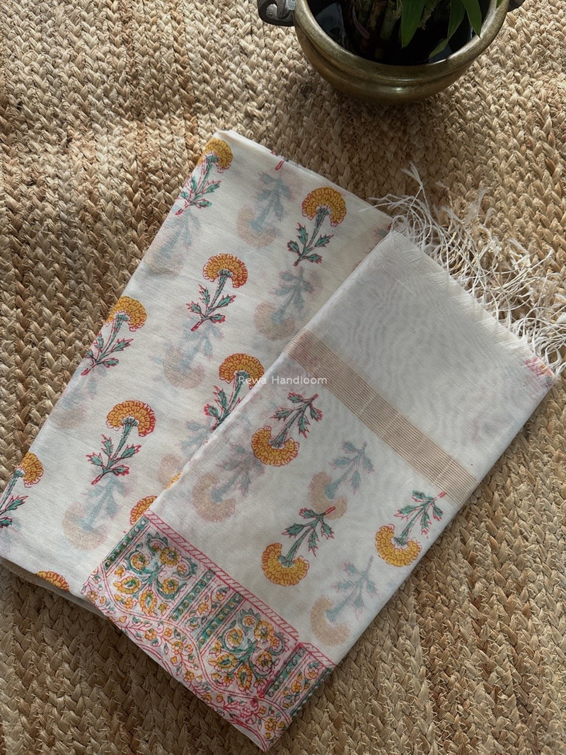 Maheshwari White Handblock Print Top-Dupatta HBS0183