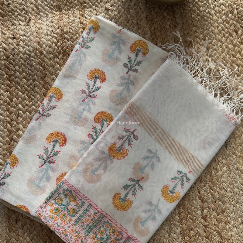 Maheshwari White Handblock Print Top-Dupatta HBS0183