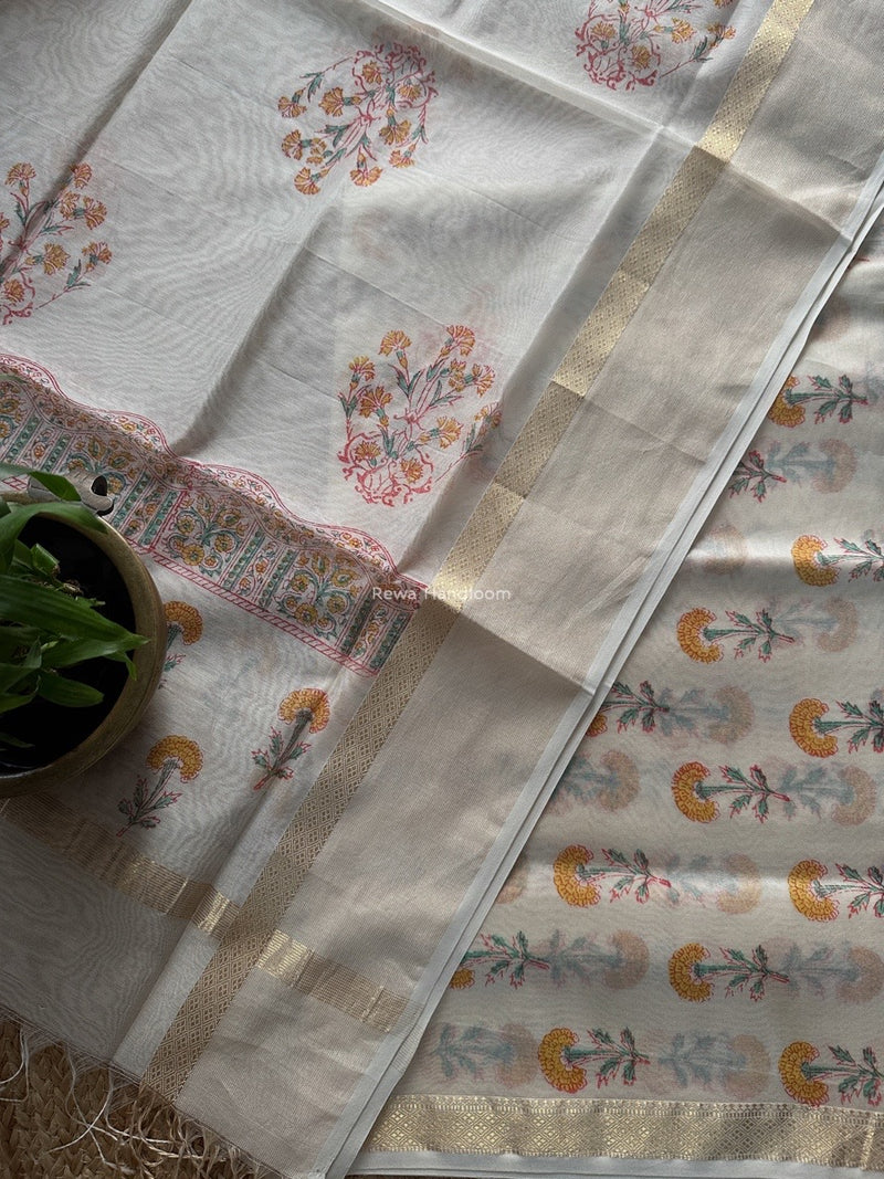 Maheshwari White Handblock Print Top-Dupatta HBS0183