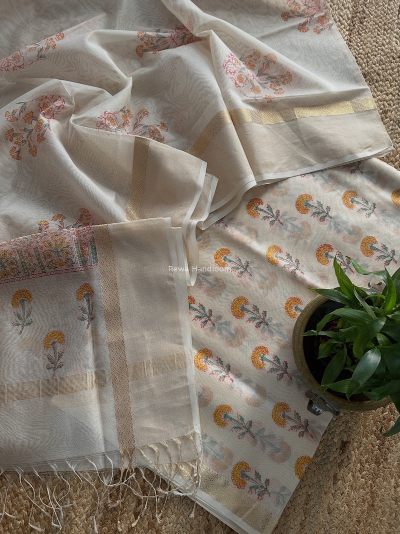 Maheshwari White Handblock Print Top-Dupatta HBS0183