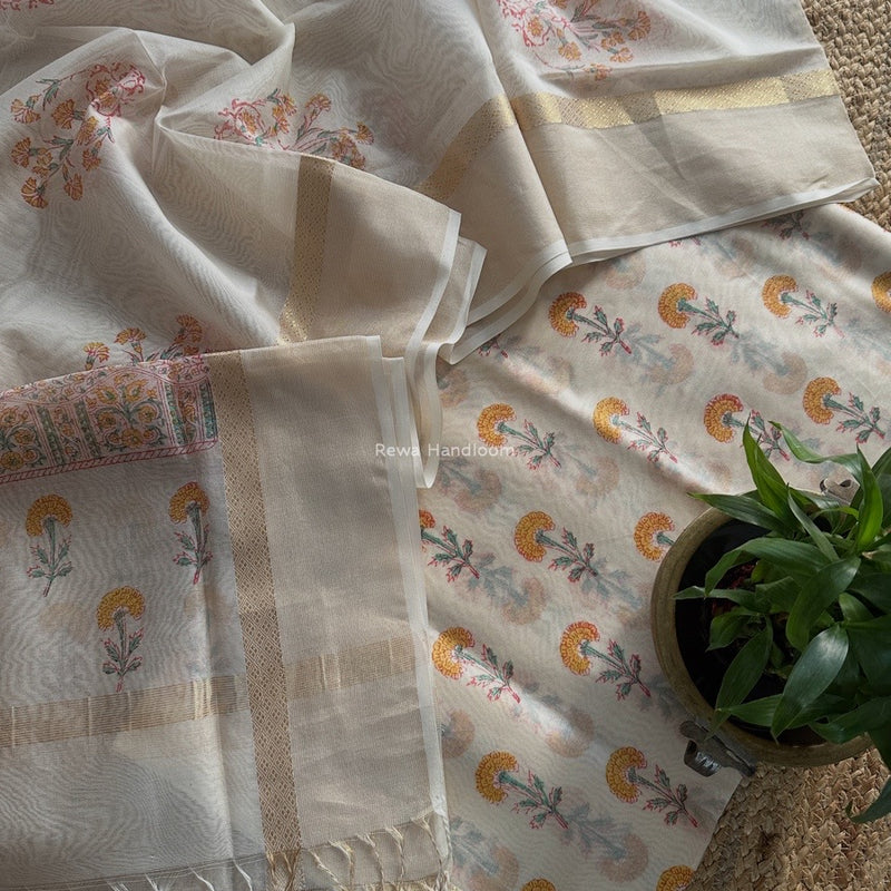 Maheshwari White Handblock Print Top-Dupatta HBS0183