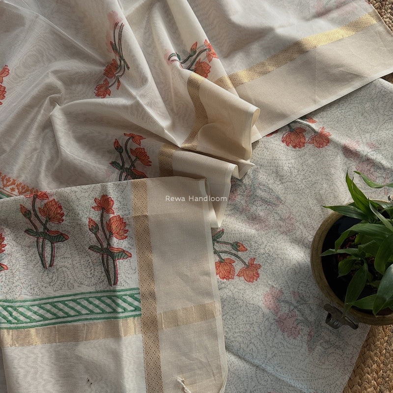 Maheshwari White Handblock Print Top-Dupatta HBS0184