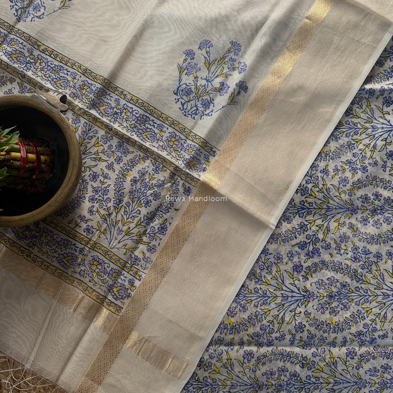 Maheshwari White Handblock Print Top-Dupatta HBS0185