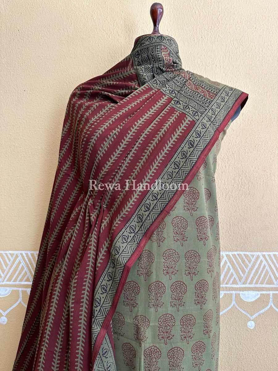 Mehendi Green-Maroon Bagh Print Cotton Suit BCS0023