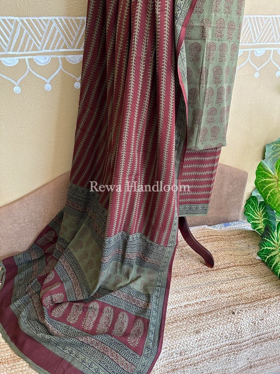 Mehendi Green-Maroon Bagh Print Cotton Suit BCS0023