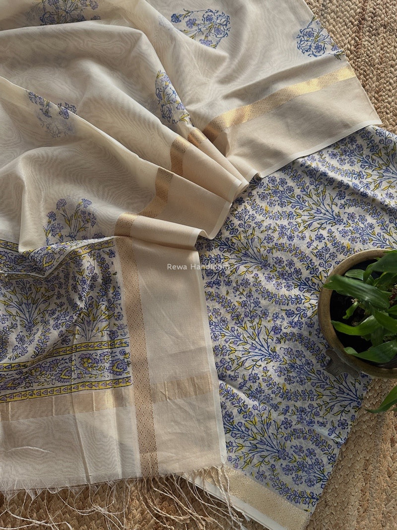 Maheshwari White Handblock Print Top-Dupatta HBS0185