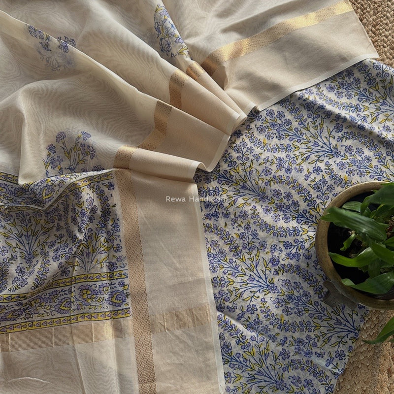 Maheshwari White Handblock Print Top-Dupatta HBS0185