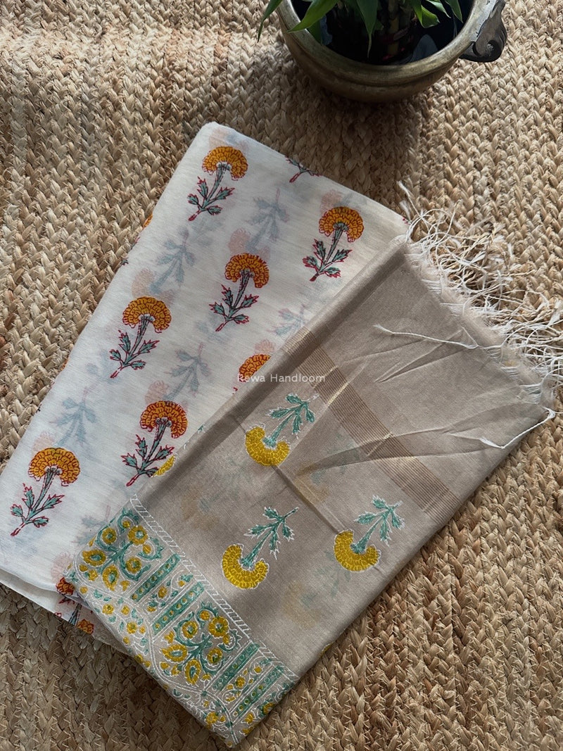 Maheshwari White Handblock Print Top-Dupatta HBS0186