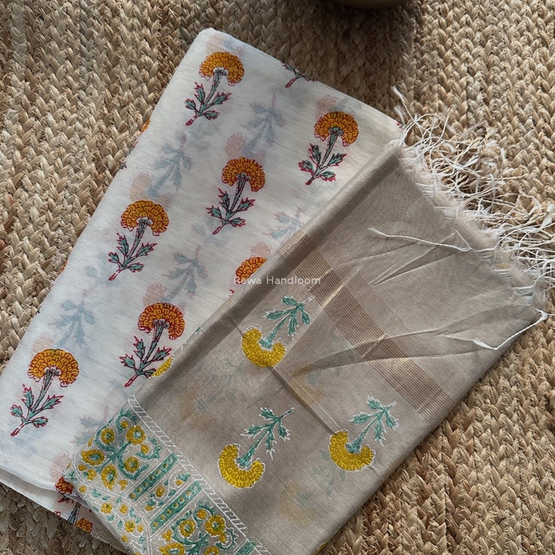 Maheshwari White Handblock Print Top-Dupatta HBS0186