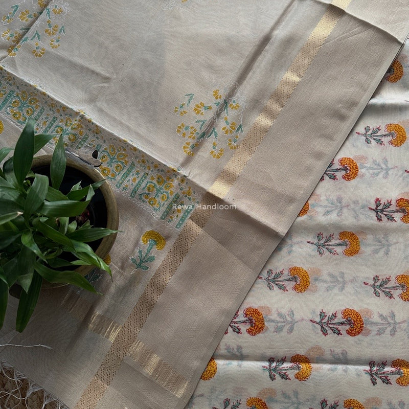 Maheshwari White Handblock Print Top-Dupatta HBS0186