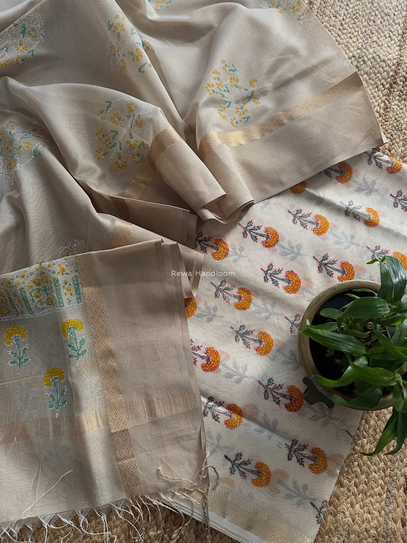 Maheshwari White Handblock Print Top-Dupatta HBS0186