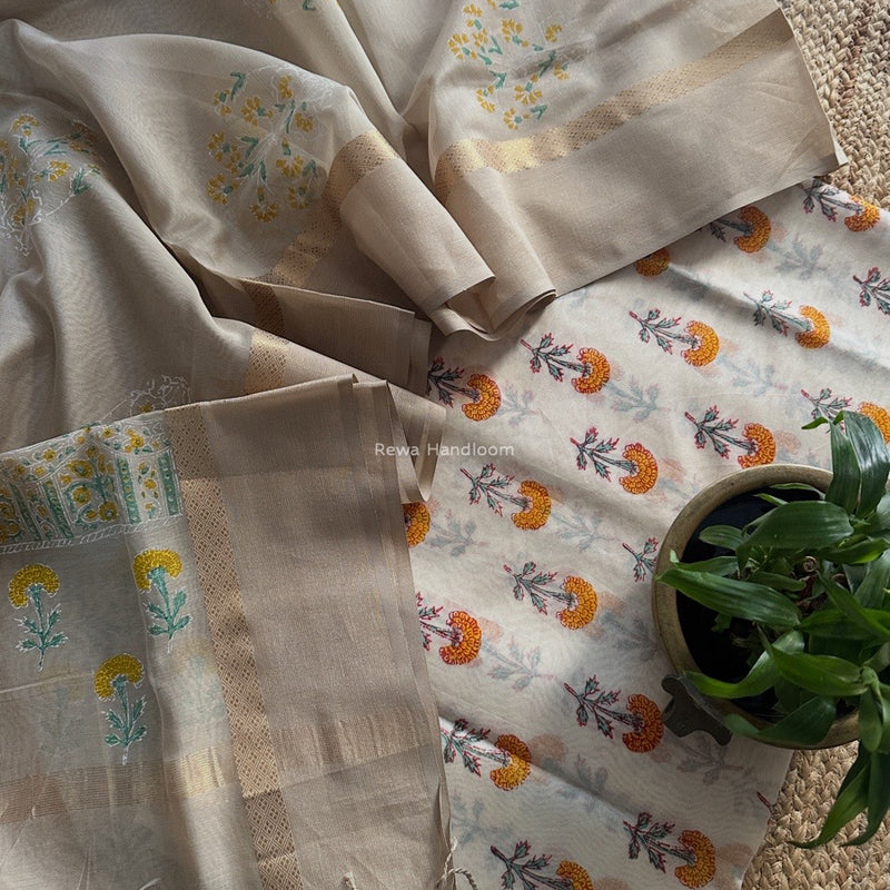 Maheshwari White Handblock Print Top-Dupatta HBS0186