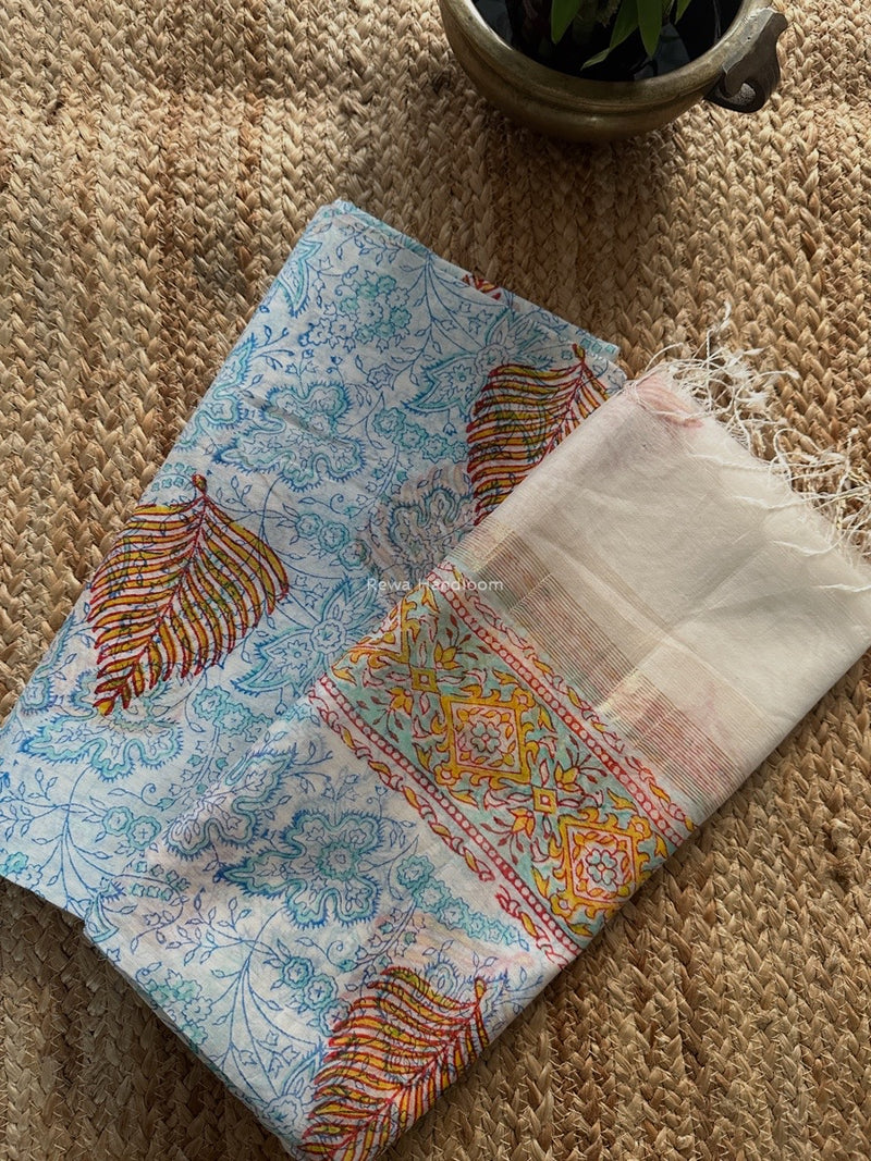 Maheshwari White Handblock Print Top-Dupatta HBS0187