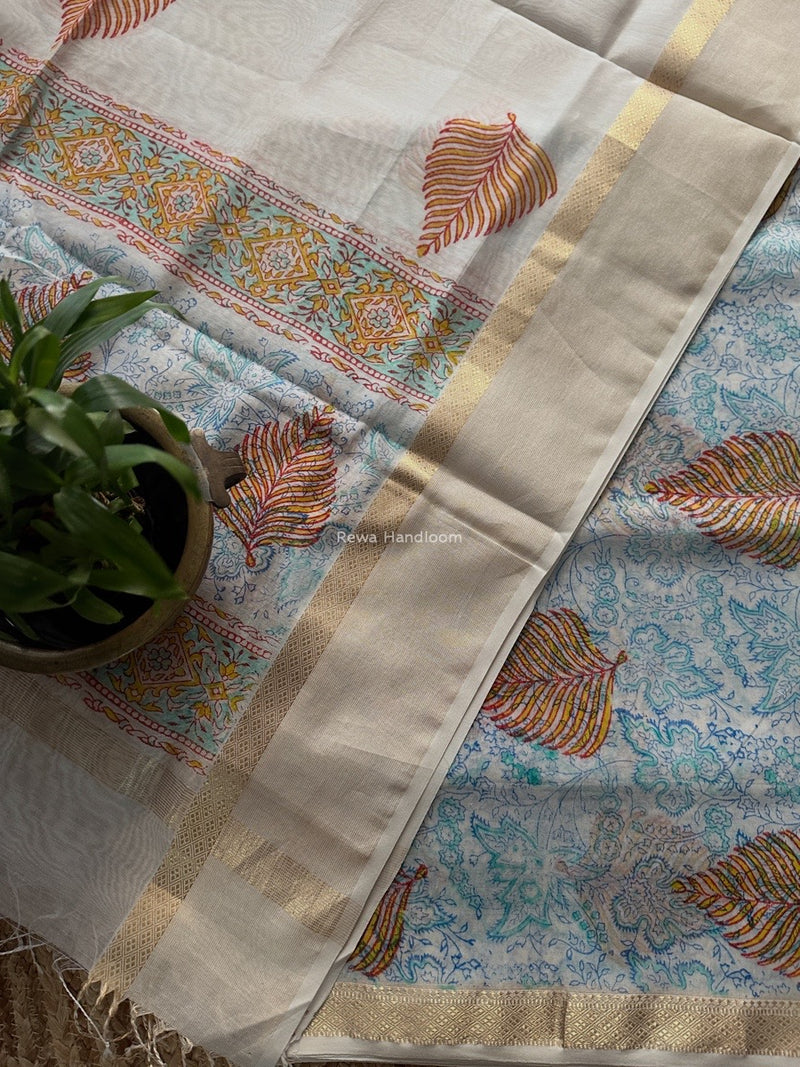 Maheshwari White Handblock Print Top-Dupatta HBS0187