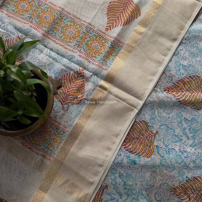 Maheshwari White Handblock Print Top-Dupatta HBS0187