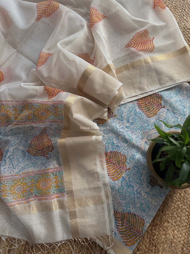 Maheshwari White Handblock Print Top-Dupatta HBS0187