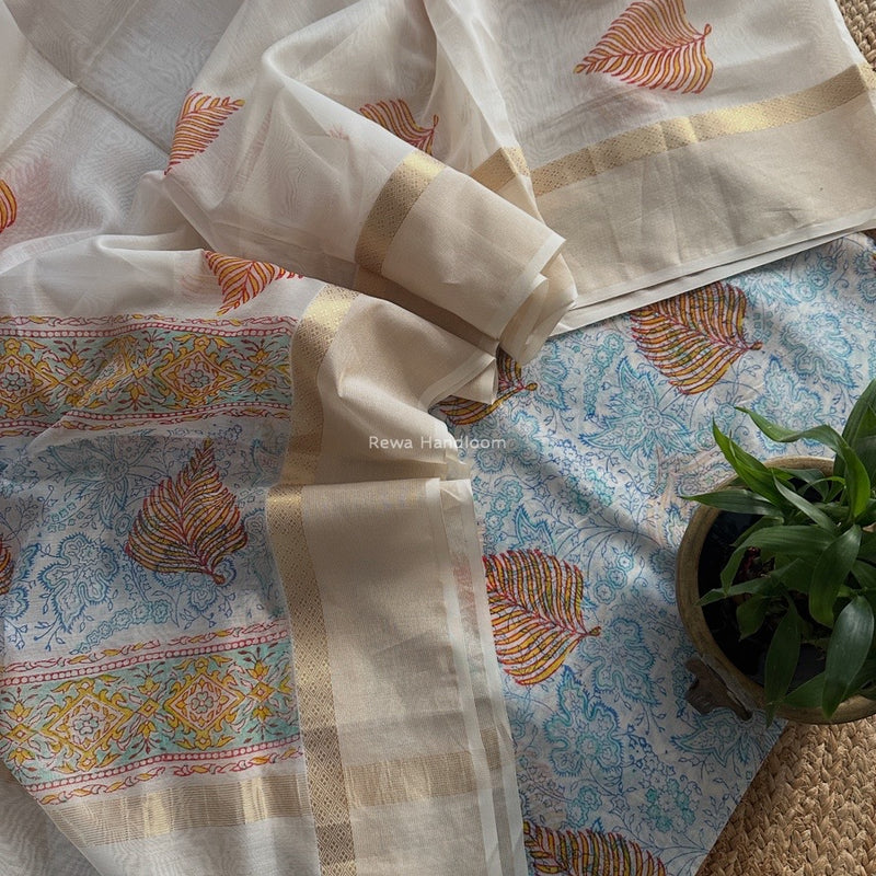 Maheshwari White Handblock Print Top-Dupatta HBS0187