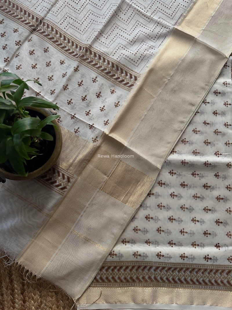 Maheshwari White Handblock Print Top-Dupatta HBS0199