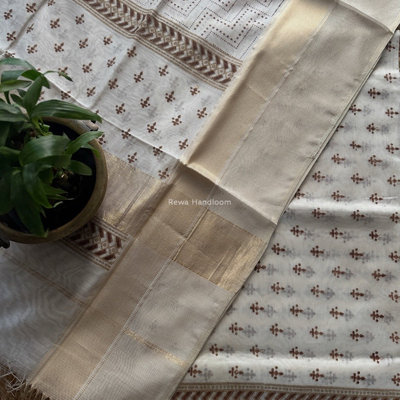 Maheshwari White Handblock Print Top-Dupatta HBS0199