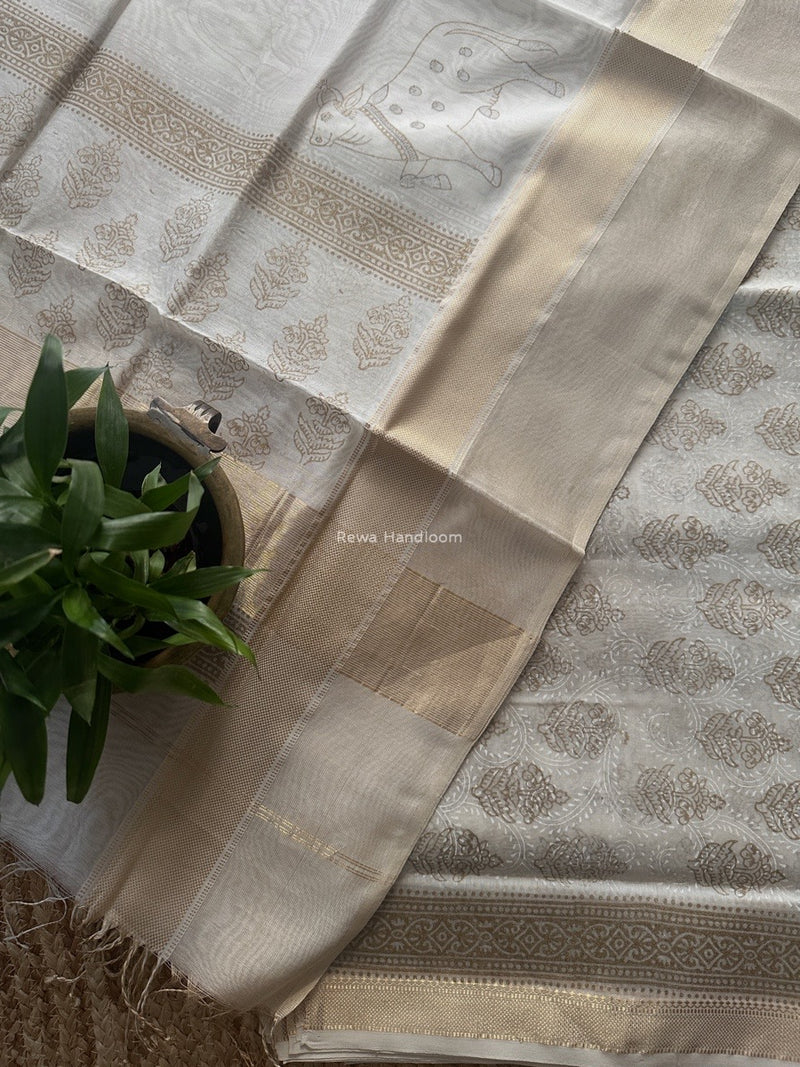 Maheshwari White Handblock Print Top-Dupatta HBS0198