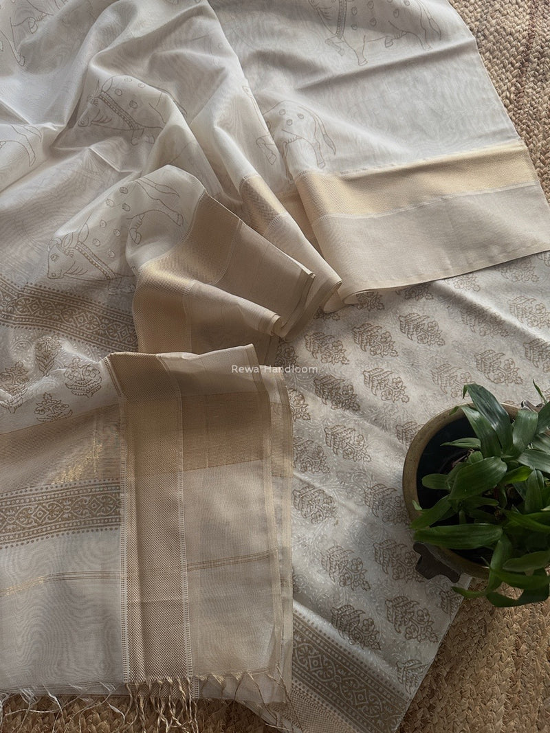 Maheshwari White Handblock Print Top-Dupatta HBS0198