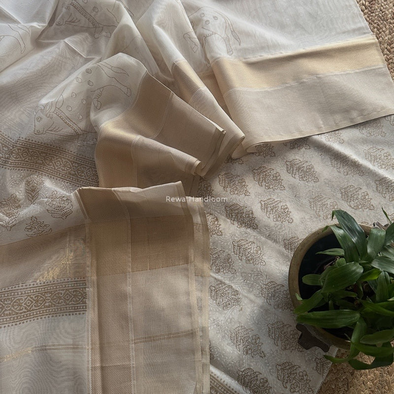 Maheshwari White Handblock Print Top-Dupatta HBS0198