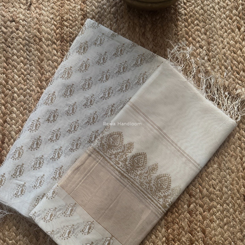 Maheshwari White Handblock Print Top-Dupatta HBS0197