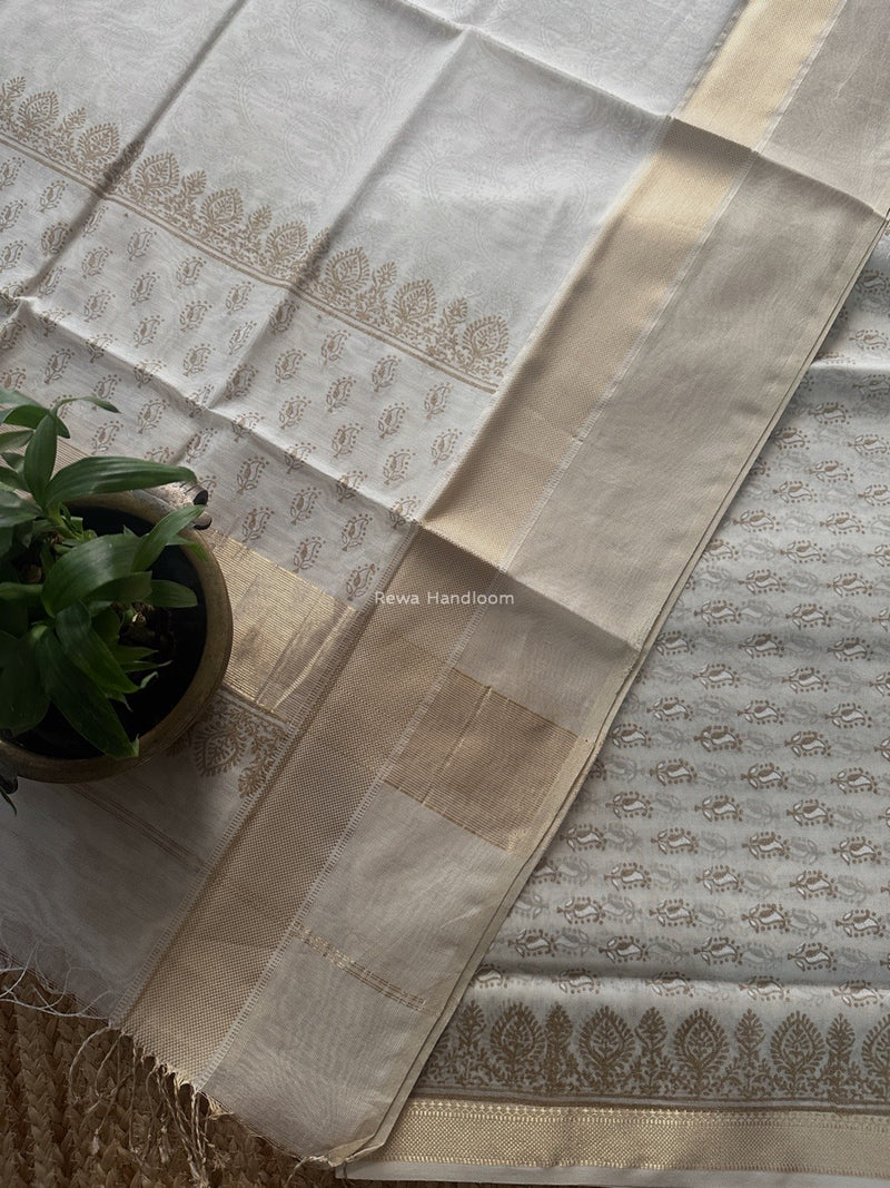 Maheshwari White Handblock Print Top-Dupatta HBS0197