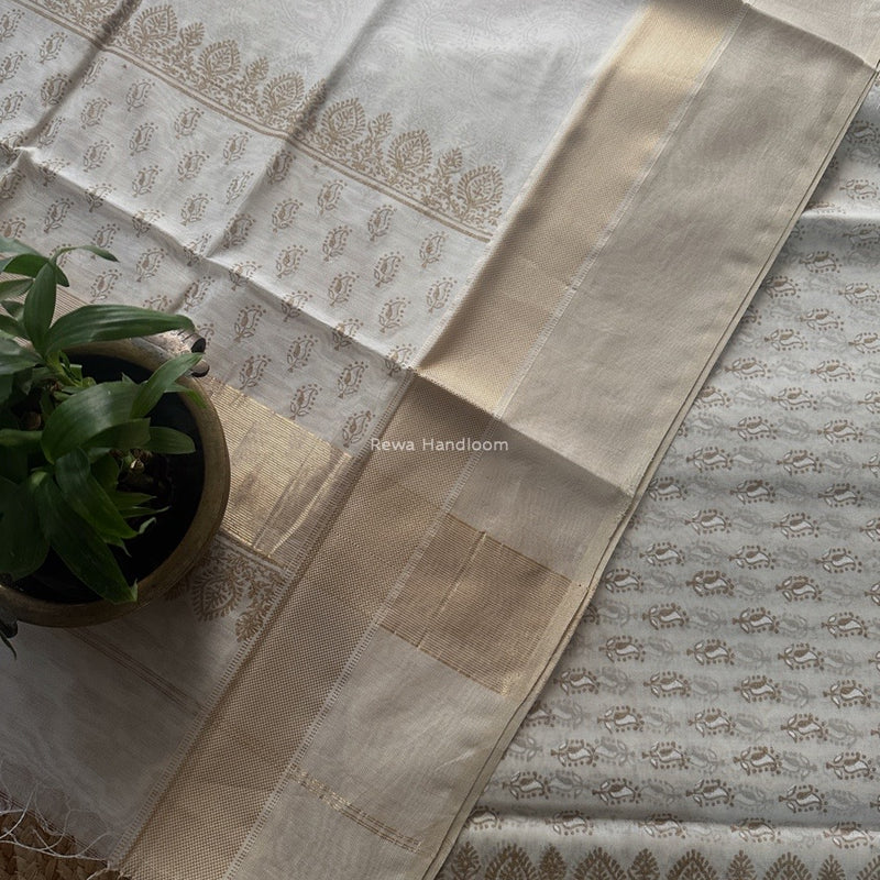 Maheshwari White Handblock Print Top-Dupatta HBS0197