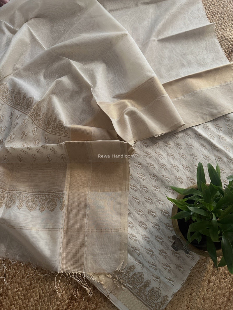 Maheshwari White Handblock Print Top-Dupatta HBS0197
