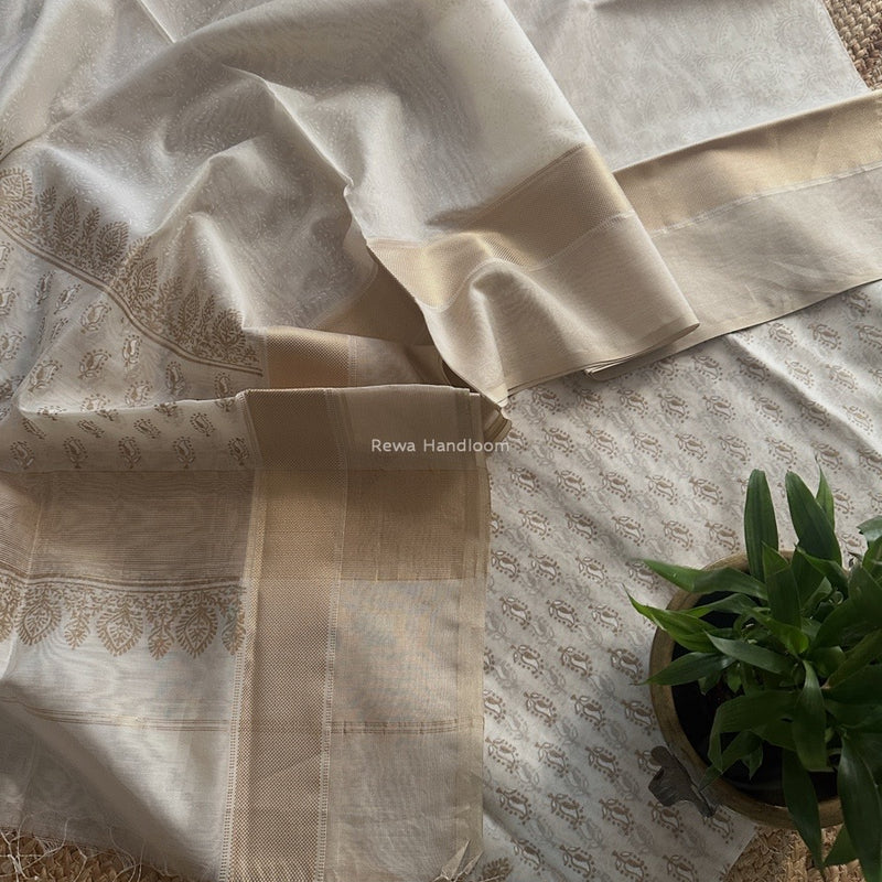 Maheshwari White Handblock Print Top-Dupatta HBS0197