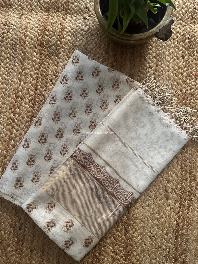 Maheshwari White Handblock Print Top-Dupatta HBS0196