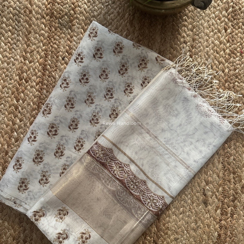 Maheshwari White Handblock Print Top-Dupatta HBS0196