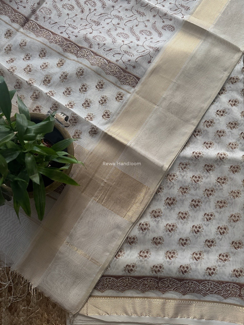 Maheshwari White Handblock Print Top-Dupatta HBS0196