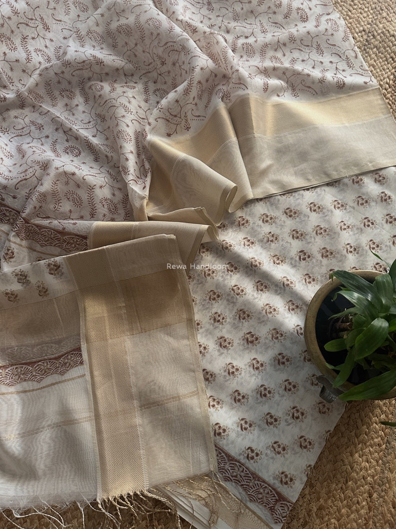 Maheshwari White Handblock Print Top-Dupatta HBS0196